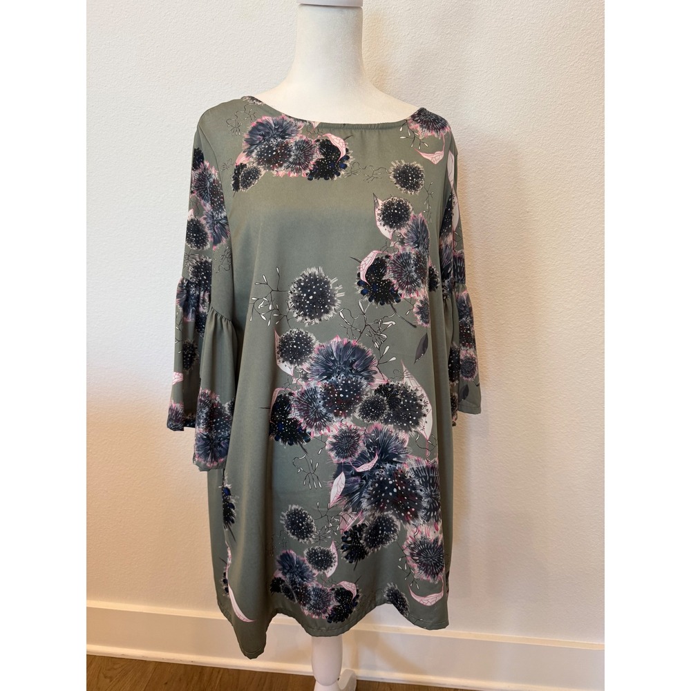 Bryn Walker Diego Tunic Olive Green Floral Bell Sleeve Size M